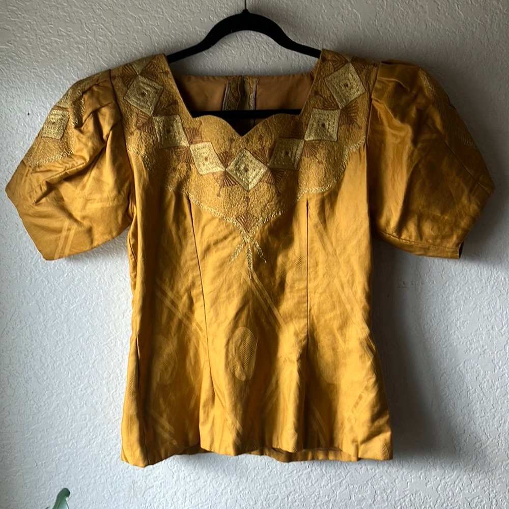 Ethnic Mustard Cotton Damask w. Gold Embroidery Puffy 1/3 Sleeves Blouse women M